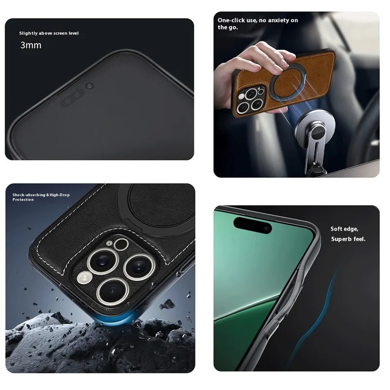 For iPhone 16 Pro Max Magnetic Case Calf Texture PU + TPU + PC Kickstand Phone Cover - Blue