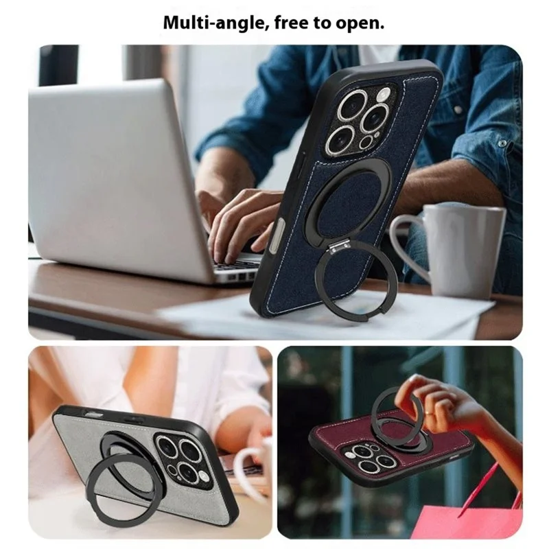 For iPhone 16 Pro Max Magnetic Case Calf Texture PU + TPU + PC Kickstand Phone Cover - Blue