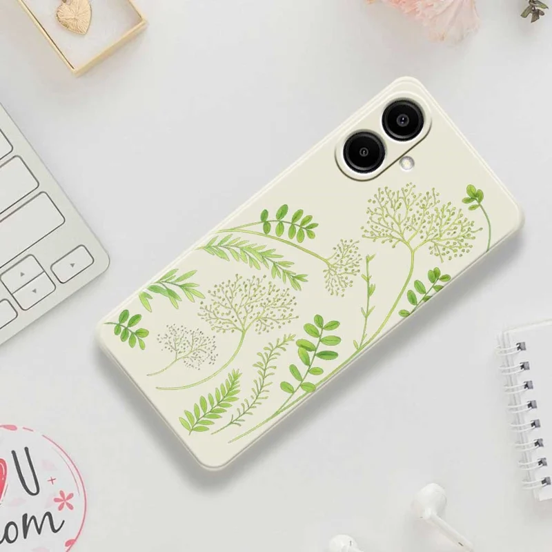Étui pour Samsung Galaxy A07 4G A1170 - Motif de feuilles, bord droit, coque de téléphone en TPU - Beige