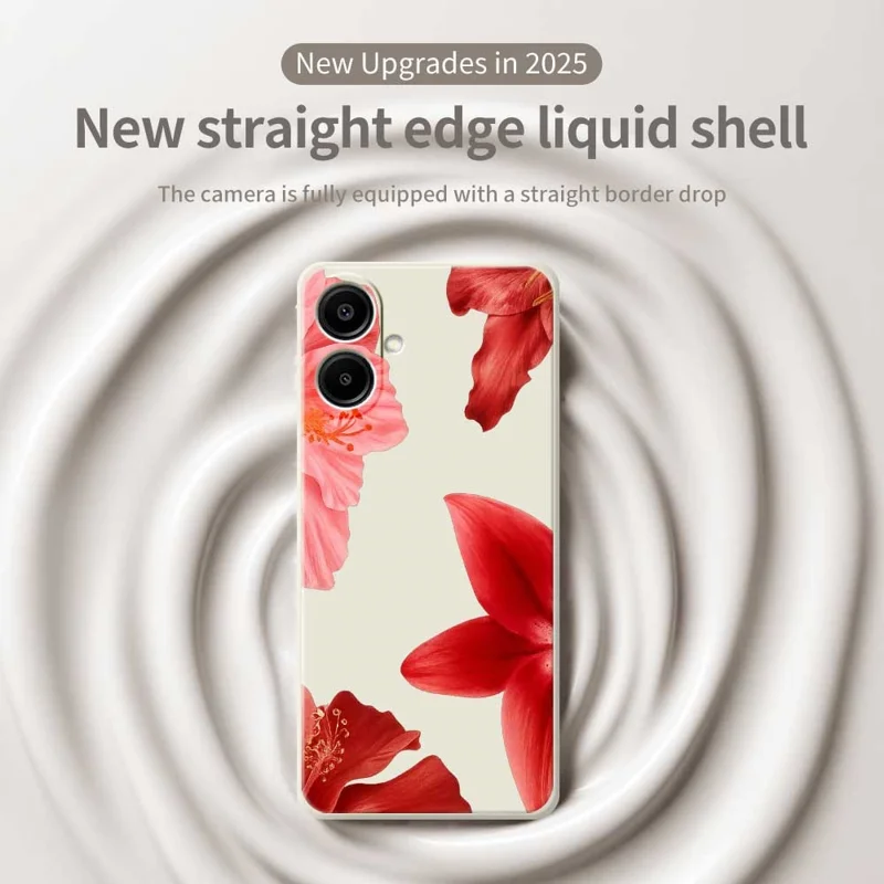 For Samsung Galaxy A07 4G Case Red Flower Pattern Printing Straight Edge TPU Phone Back Cover - Beige