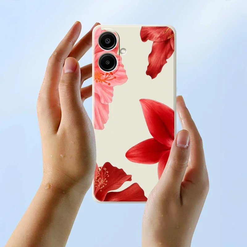 For Samsung Galaxy A07 4G Case Red Flower Pattern Printing Straight Edge TPU Phone Back Cover - Beige