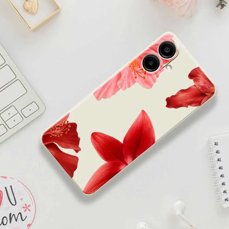 For Samsung Galaxy A07 4G Case Red Flower Pattern Printing Straight Edge TPU Phone Back Cover - Beige