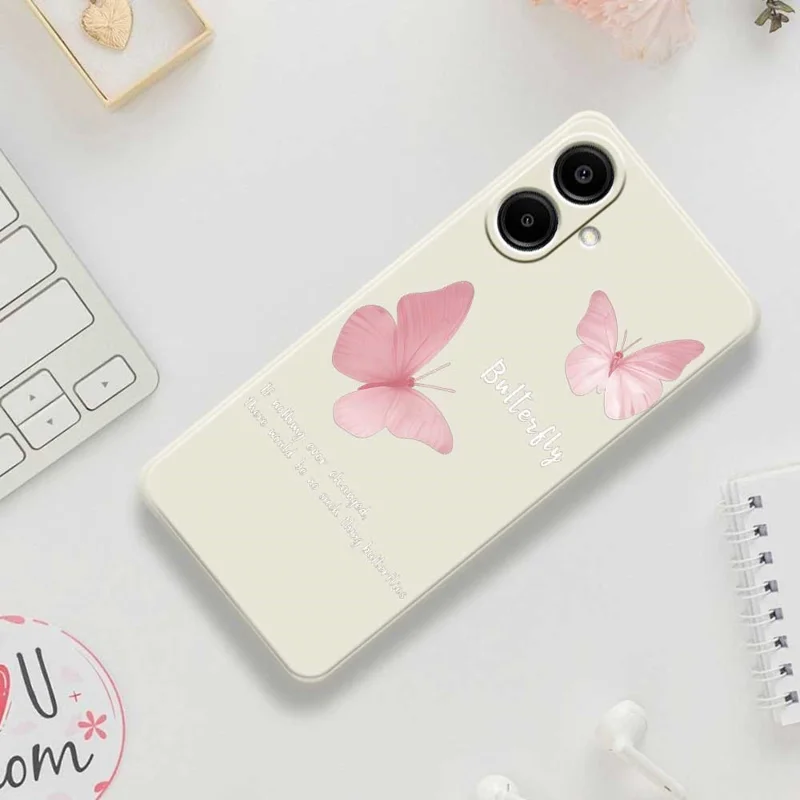 A1180 Per Samsung Galaxy A07 4G Custodia Motivo Farfalla Stampa Bordo Dritto TPU Custodia Posteriore per Telefono - Beige