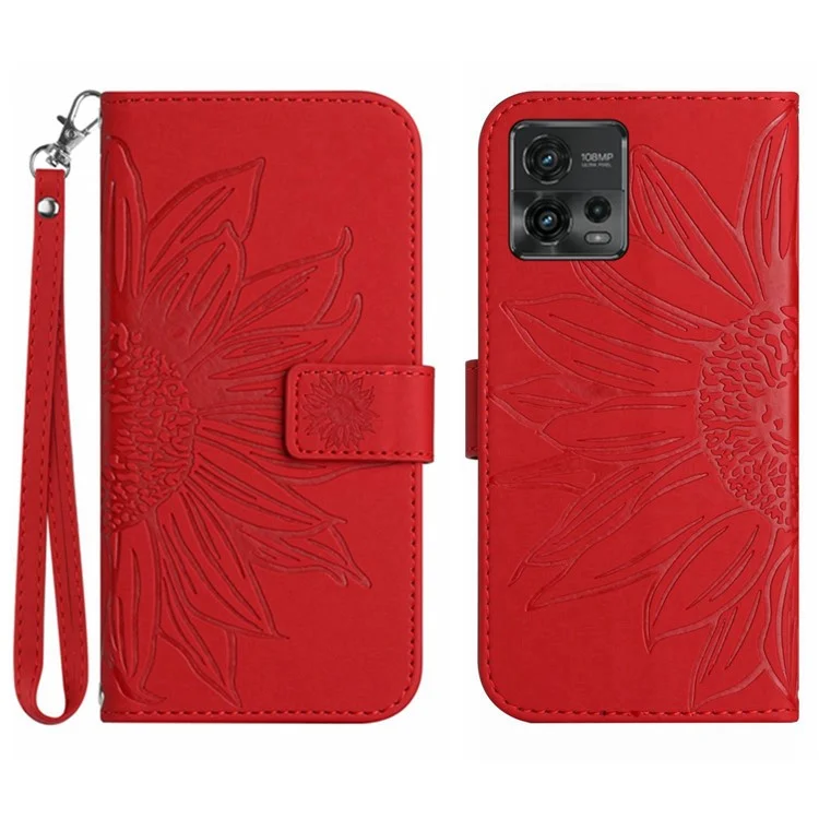 Skin-Touch Feeling Magnetic Flip Phone Case for Motorola Moto G72 5G, Splash Resistant Imprinted Sunflower Stand PU Leather Wallet Cover with Strap - Red