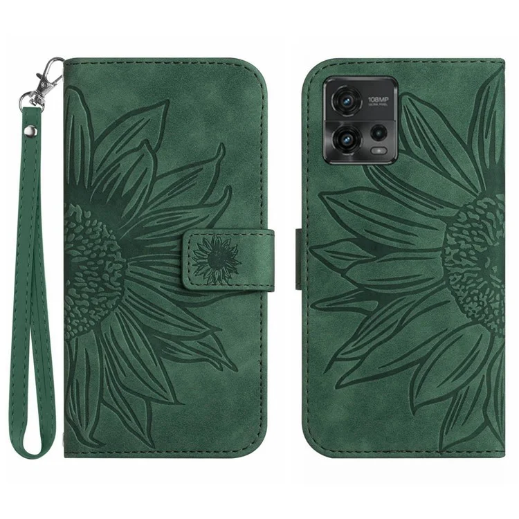 Skin-touch-gefühl Magnetisch Flip Phone Hülle Für Motorola Moto G72 5G, Spritzbrsiffter Geprägter Sonnenblumenständer PU Leder Brieftasche Mit Riemen - Dunkelgrün