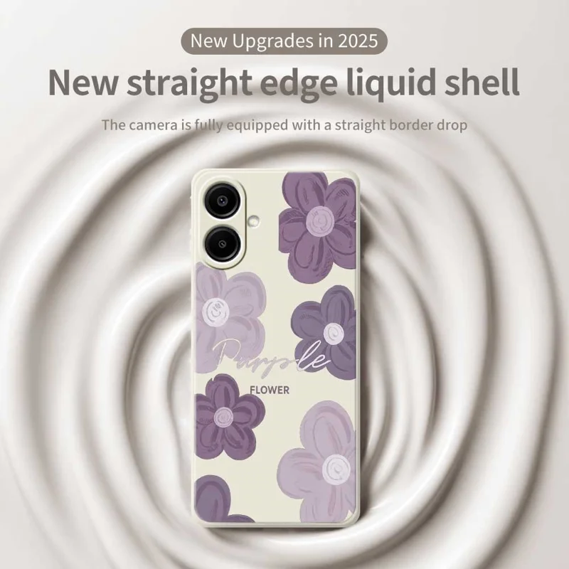 For Samsung Galaxy A07 4G Case Purple Flower Pattern Printing Straight Edge TPU Phone Back Cover - Beige