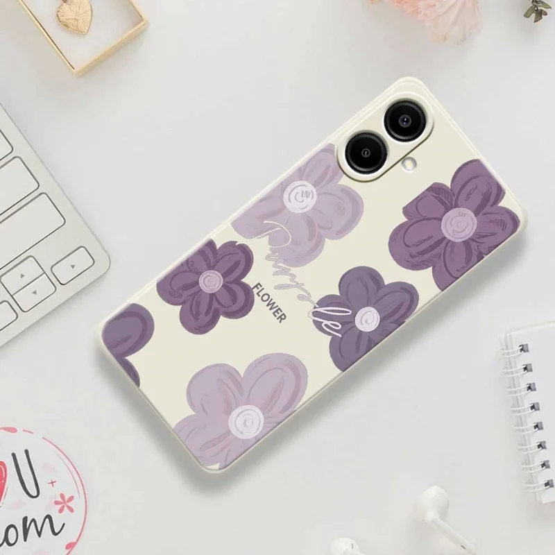 For Samsung Galaxy A07 4G Case Purple Flower Pattern Printing Straight Edge TPU Phone Back Cover - Beige