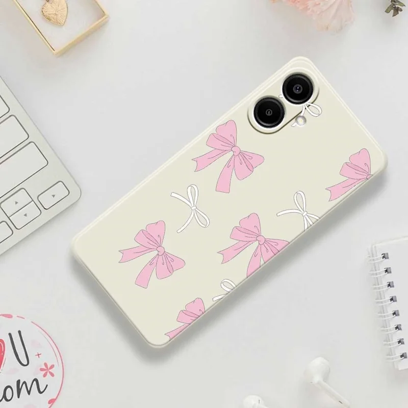 Для Samsung Galaxy A07 4G Чехол Pink Bows Pattern Printing Straight Edge TPU Phone Back Cover - Beige