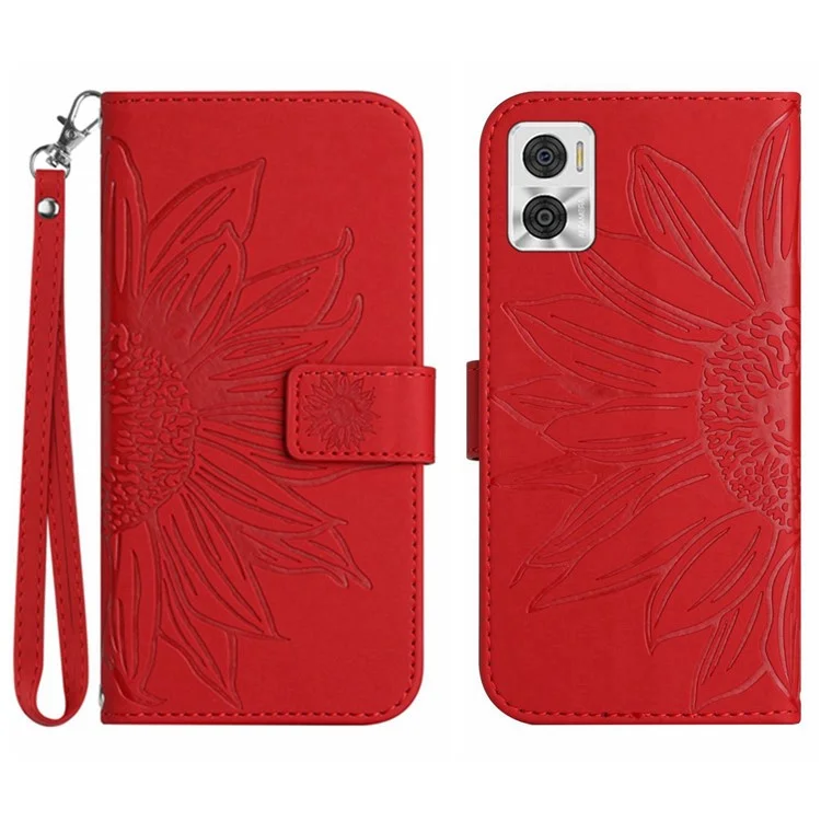 Para Motorola Moto E22 4G / E22i 4G HT04 Sunflower Impresión PU Cuero PU Standhip Soporte Touch de Piel Tapa de la Billetera Con Correa Para la Mano - Rojo
