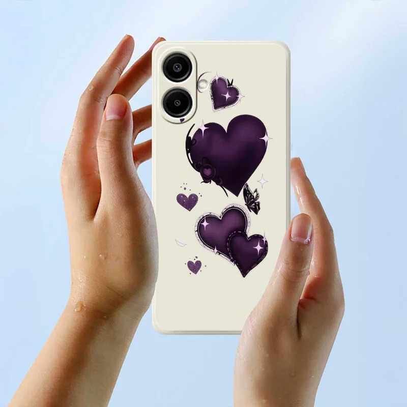 Per Samsung Galaxy A07 4G Case Purple Love Pattern Printing Straight Edge TPU Phone Back Cover - Beige