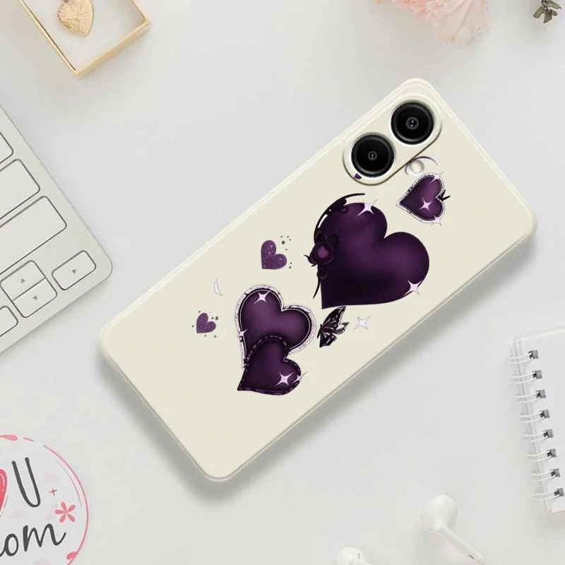 Per Samsung Galaxy A07 4G Case Purple Love Pattern Printing Straight Edge TPU Phone Back Cover - Beige