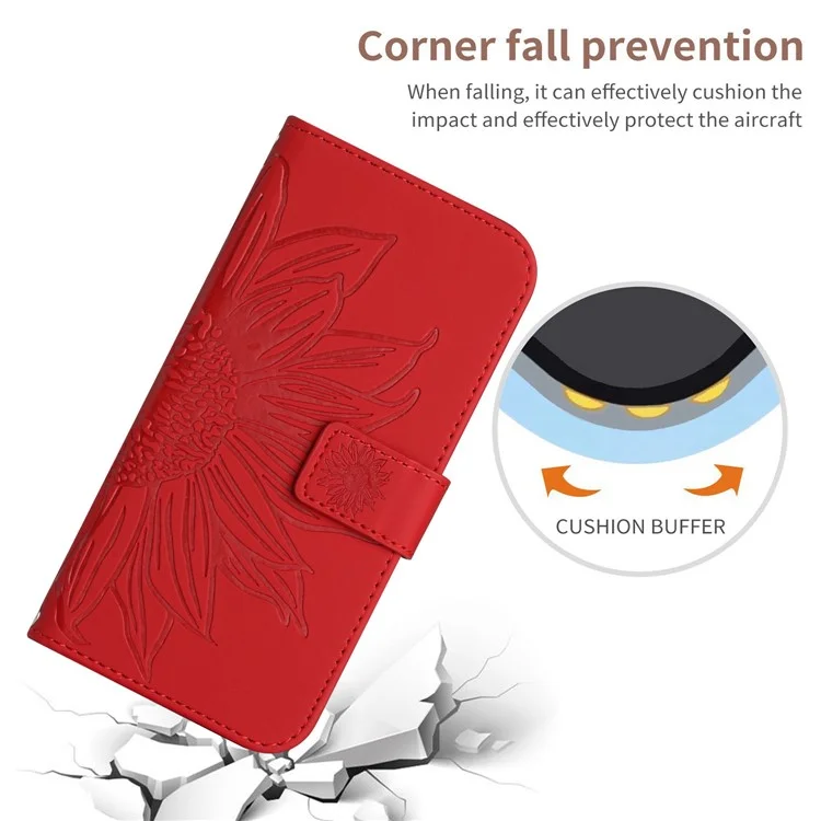 Pour Motorola Edge 30 Neo 5G HT04 Télécope de Tournesol Imprimé Coupe de Protection PU Skin-Touch PU Couvrette de Portefeuille Réglable Avec Sangle à Main - Rouge