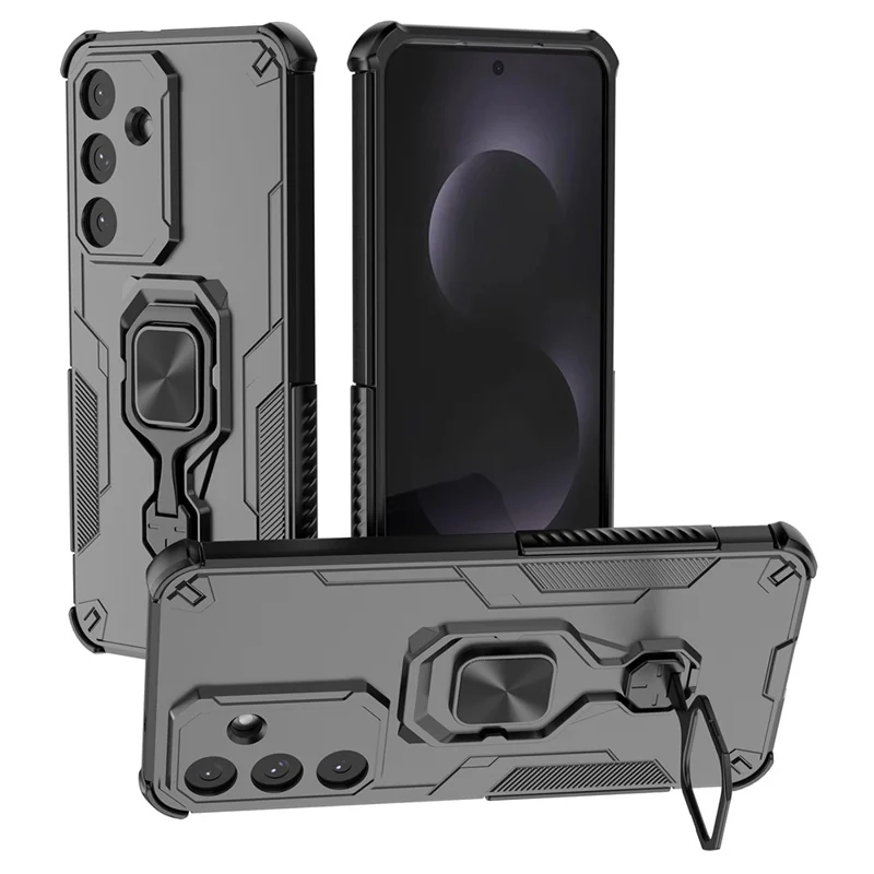 For Samsung Galaxy S25 FE Case Rotatable Ring Kickstand PC + TPU Shockproof Phone Cover - Black