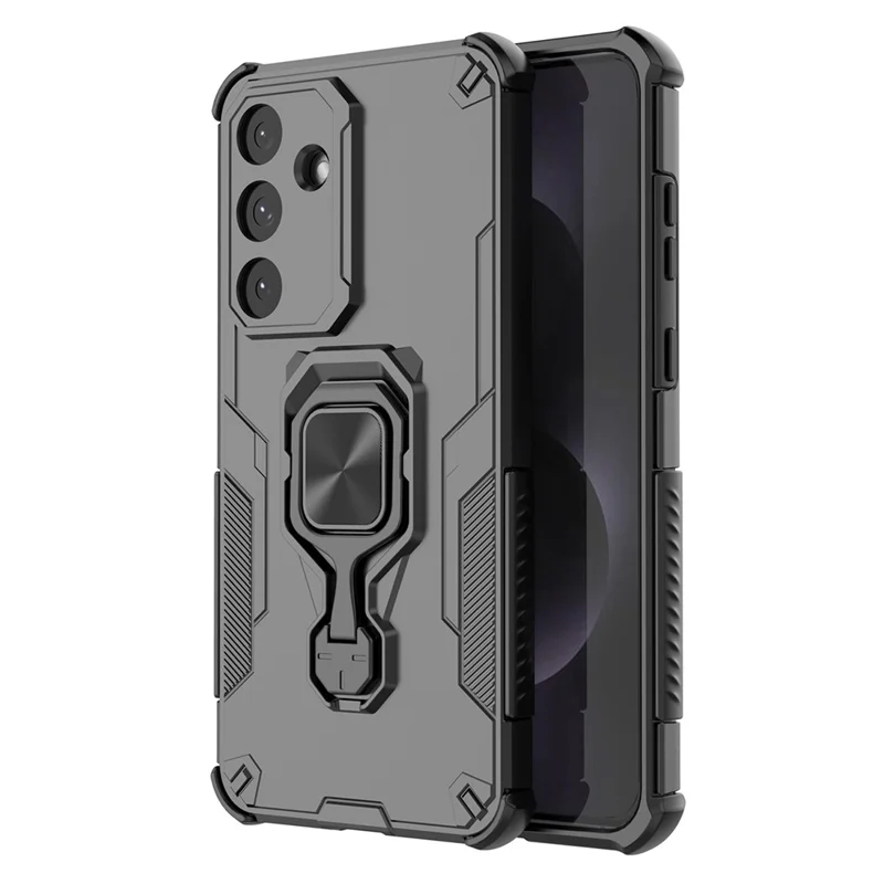 For Samsung Galaxy S25 FE Case Rotatable Ring Kickstand PC + TPU Shockproof Phone Cover - Black