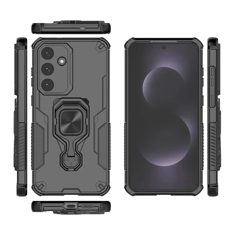 For Samsung Galaxy S25 FE Case Rotatable Ring Kickstand PC + TPU Shockproof Phone Cover - Black