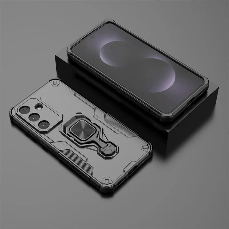 For Samsung Galaxy S25 FE Case Rotatable Ring Kickstand PC + TPU Shockproof Phone Cover - Black