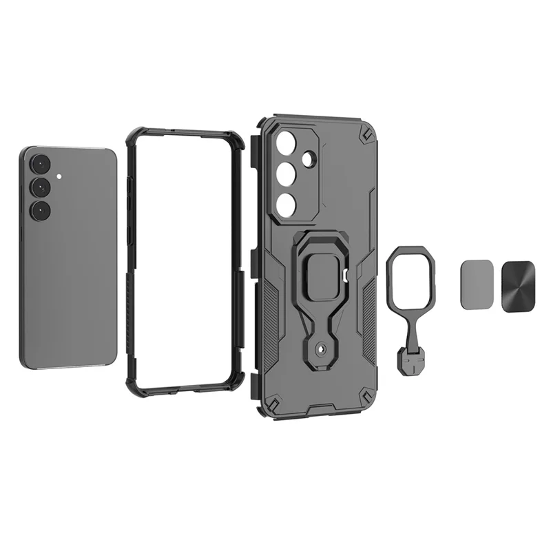 For Samsung Galaxy S25 FE Case Rotatable Ring Kickstand PC + TPU Shockproof Phone Cover - Black