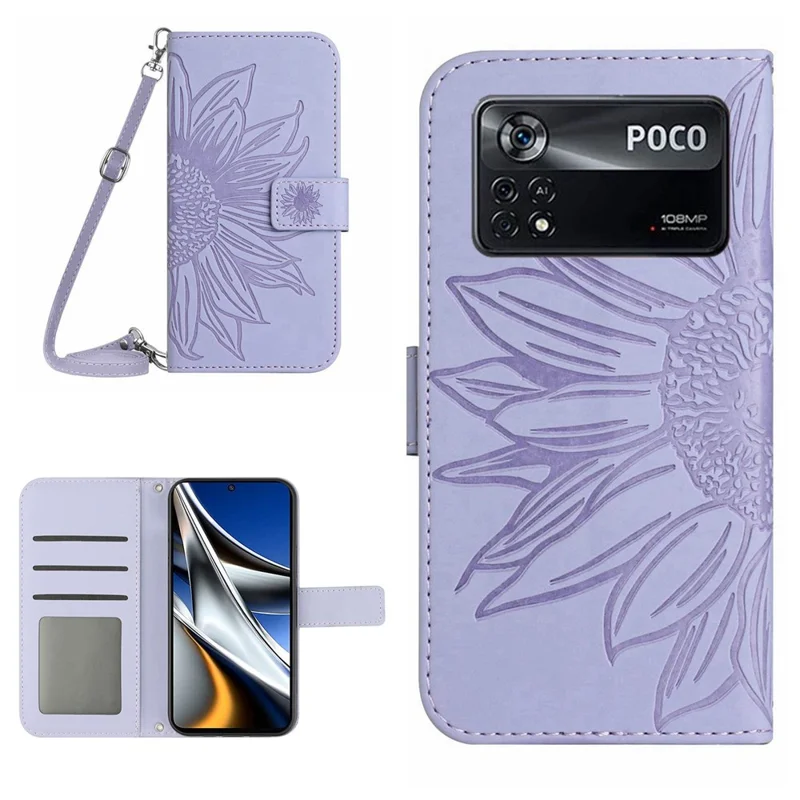 Folia na Xiaomi Poco X4 Pro 5G HT04 z sztucznej skóry PU z motywem słonecznika, etui portfelowe z funkcją podpórki, magnetyczny zamek, pokrowiec z dotykową powierzchnią i rączką na ramię - jasnopurpurowy