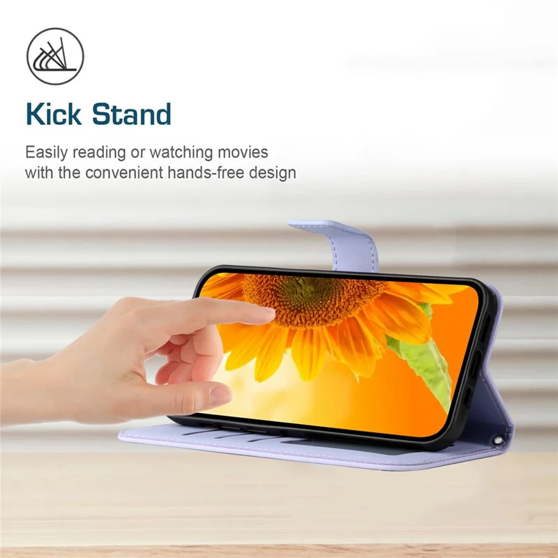 Folia na Xiaomi Poco X4 Pro 5G HT04 z sztucznej skóry PU z motywem słonecznika, etui portfelowe z funkcją podpórki, magnetyczny zamek, pokrowiec z dotykową powierzchnią i rączką na ramię - jasnopurpurowy