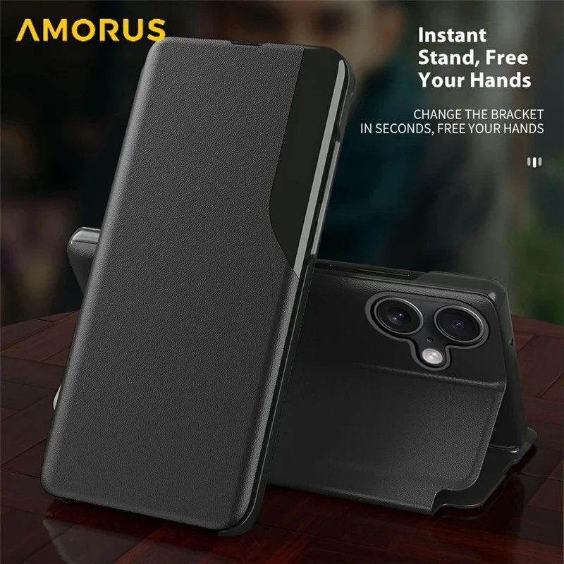 AMORUS For iPhone 17 Case Folio Flip Stand PU Leather Phone Cover - Black