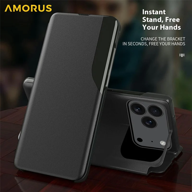 AMORUS For iPhone 17 Pro Case Folio Flip Stand PU Leather Phone Cover - Black