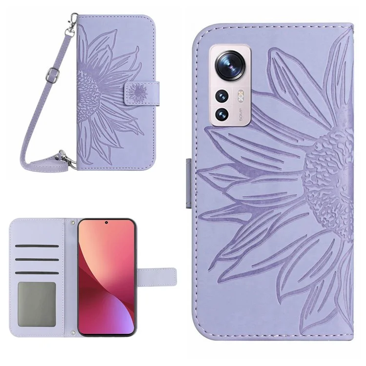 For Xiaomi 12 5G / 12X 5G / 12S 5G HT04 Imprinted Sunflower PU Leather Case with Shoulder Strap, Skin-touch Phone Stand Wallet Cover Protector - Light Purple