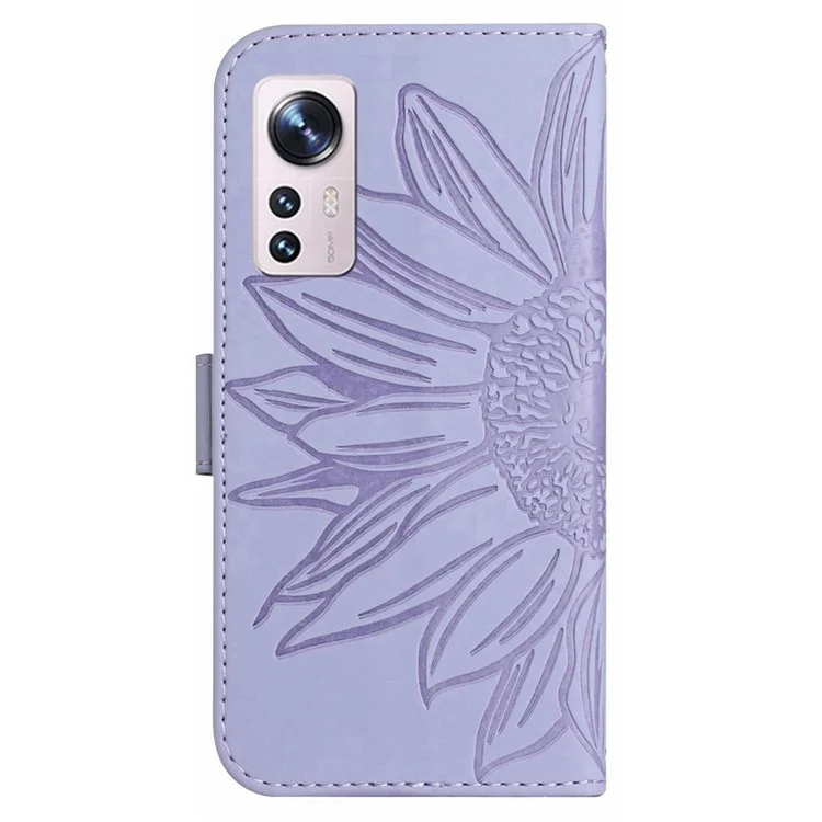 For Xiaomi 12 5G / 12X 5G / 12S 5G HT04 Imprinted Sunflower PU Leather Case with Shoulder Strap, Skin-touch Phone Stand Wallet Cover Protector - Light Purple