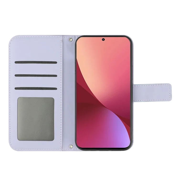 For Xiaomi 12 5G / 12X 5G / 12S 5G HT04 Imprinted Sunflower PU Leather Case with Shoulder Strap, Skin-touch Phone Stand Wallet Cover Protector - Light Purple