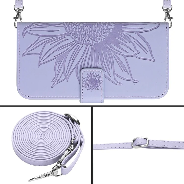 For Xiaomi 12 5G / 12X 5G / 12S 5G HT04 Imprinted Sunflower PU Leather Case with Shoulder Strap, Skin-touch Phone Stand Wallet Cover Protector - Light Purple