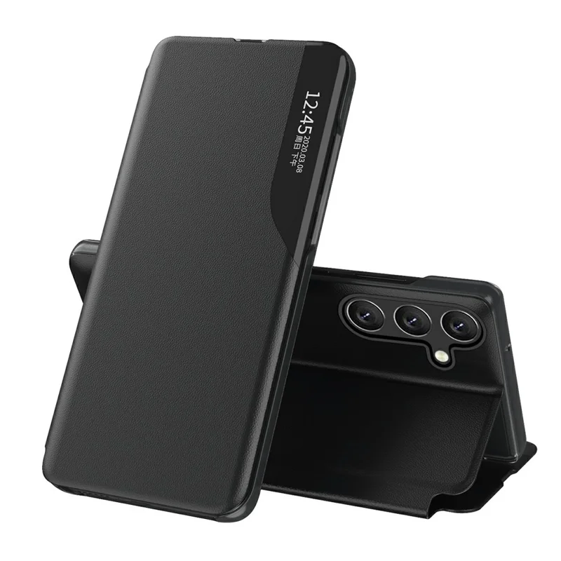AMORUS For Samsung Galaxy A15 4G / 5G Case View Window Stand PU Leather Phone Cover - Black