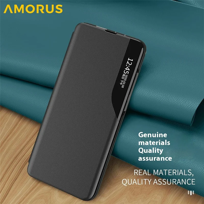 AMORUS For Samsung Galaxy A15 4G / 5G Case View Window Stand PU Leather Phone Cover - Black
