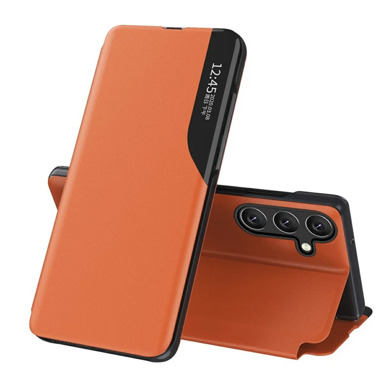 AMORUS For Samsung Galaxy A15 4G / 5G Case View Window Stand PU Leather Phone Cover - Orange