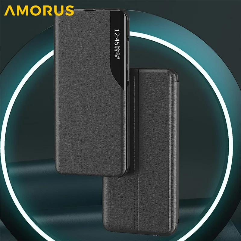 AMORUS For Samsung Galaxy A15 4G / 5G Case View Window Stand PU Leather Phone Cover - Orange