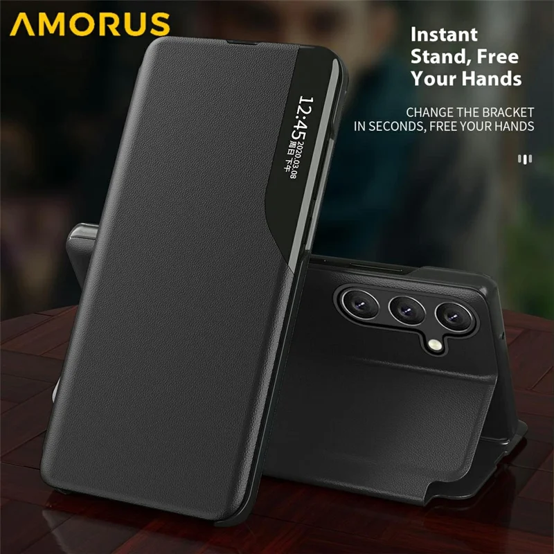 AMORUS For Samsung Galaxy A15 4G / 5G Case View Window Stand PU Leather Phone Cover - Orange