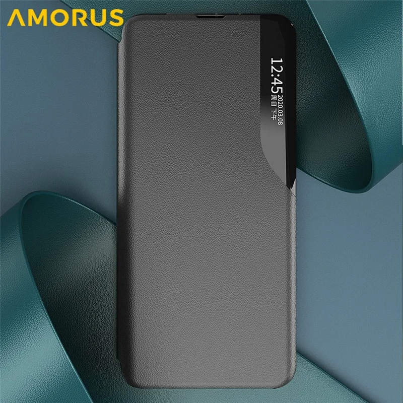 AMORUS For Samsung Galaxy A15 4G / 5G Case View Window Stand PU Leather Phone Cover - Orange