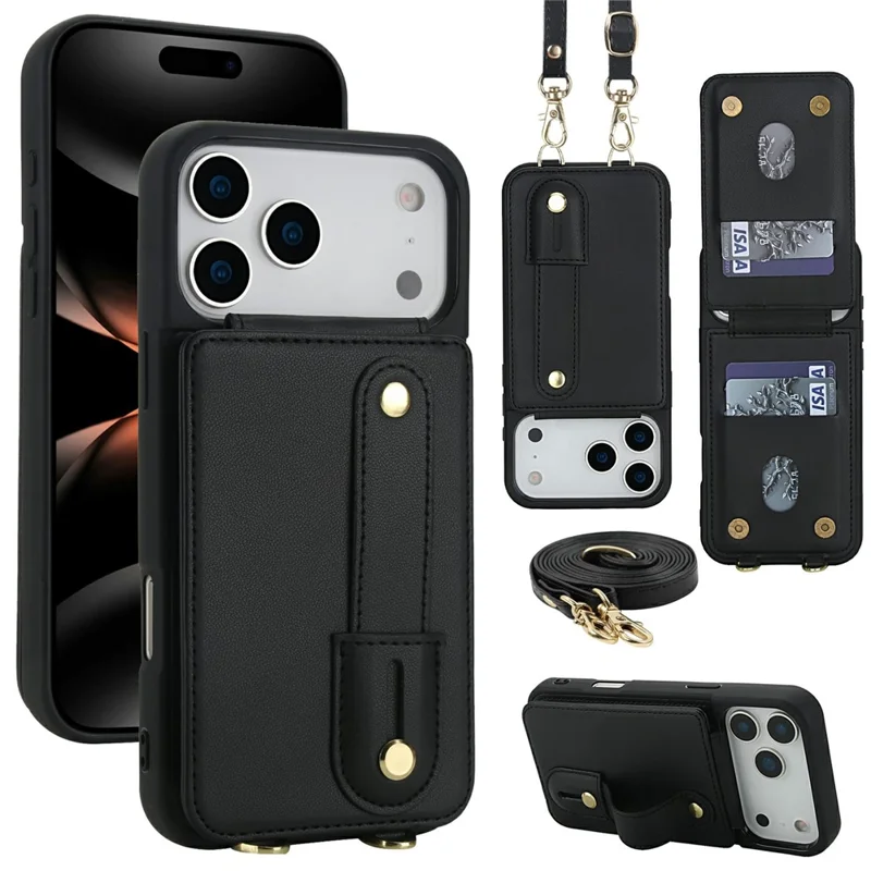 For iPhone 17 Pro Max Case Kickstand Card Slots Leather Coated TPU Cover with Shoulder Strap - Black