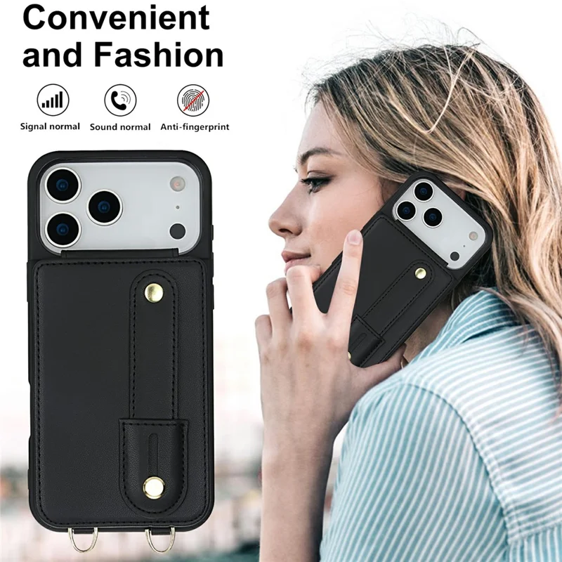 For iPhone 17 Pro Max Case Kickstand Card Slots Leather Coated TPU Cover with Shoulder Strap - Black