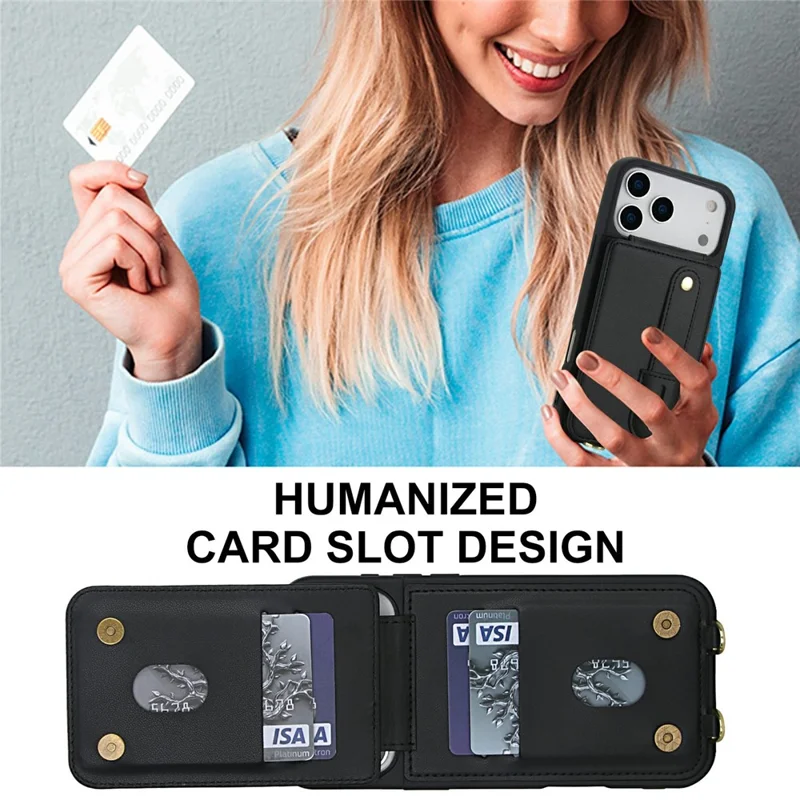 For iPhone 17 Pro Max Case Kickstand Card Slots Leather Coated TPU Cover with Shoulder Strap - Black