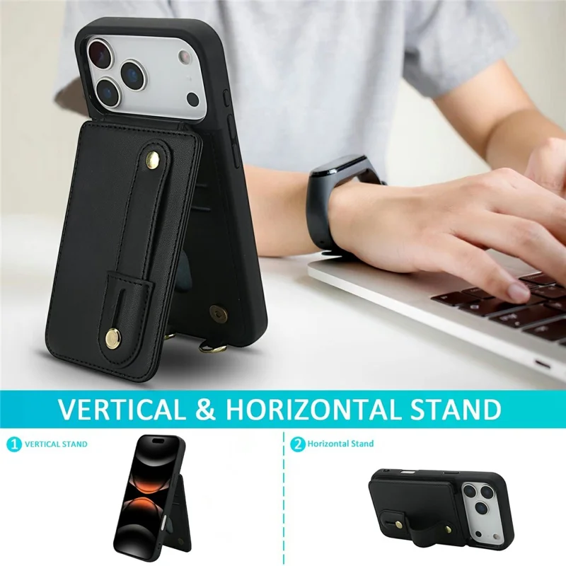 For iPhone 17 Pro Max Case Kickstand Card Slots Leather Coated TPU Cover with Shoulder Strap - Black