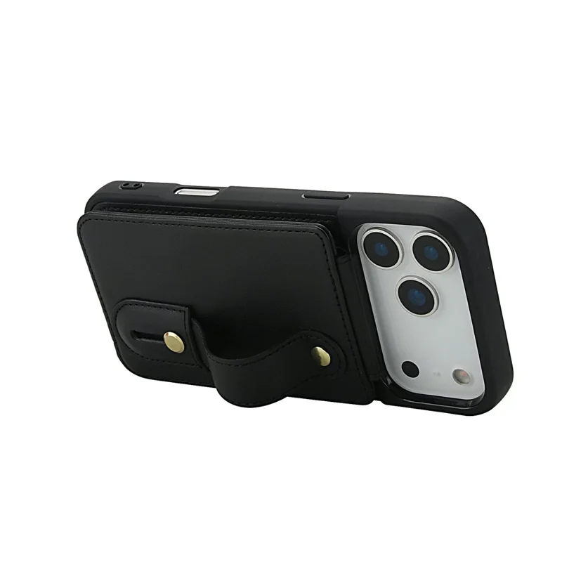 For iPhone 17 Pro Max Case Kickstand Card Slots Leather Coated TPU Cover with Shoulder Strap - Black