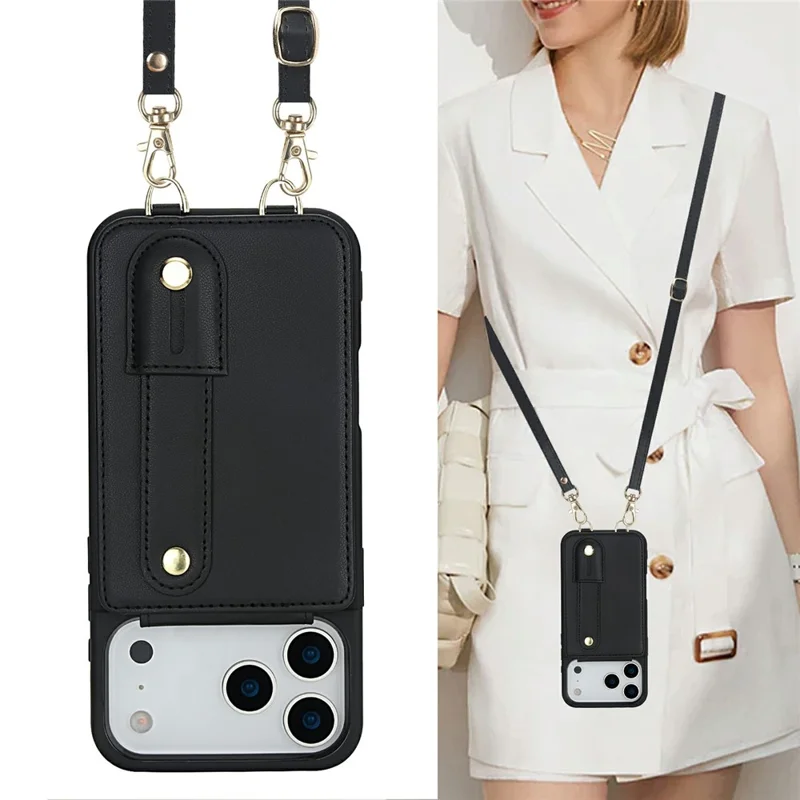 For iPhone 17 Pro Max Case Kickstand Card Slots Leather Coated TPU Cover with Shoulder Strap - Black