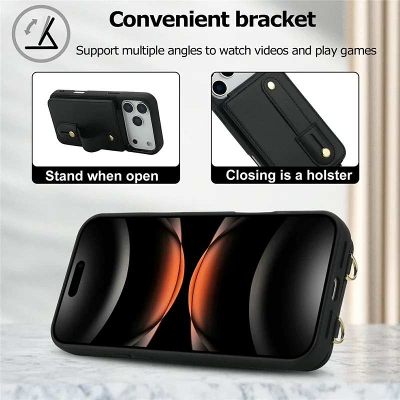 For iPhone 17 Pro Max Case Kickstand Card Slots Leather Coated TPU Cover with Shoulder Strap - Black