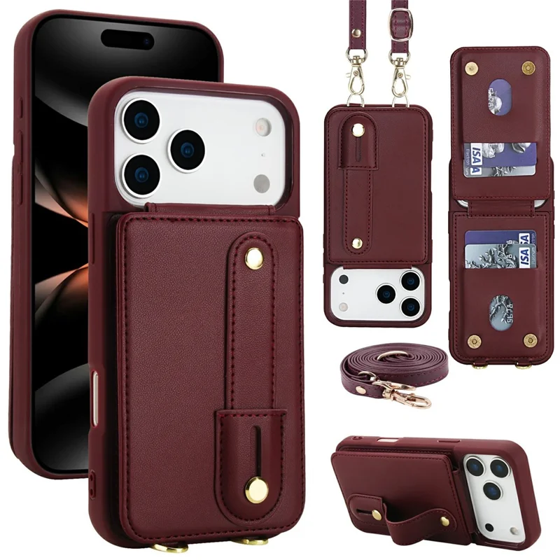 For iPhone 17 Pro Max Case Kickstand Card Slots Leather Coated TPU Cover with Shoulder Strap - Wine Red
