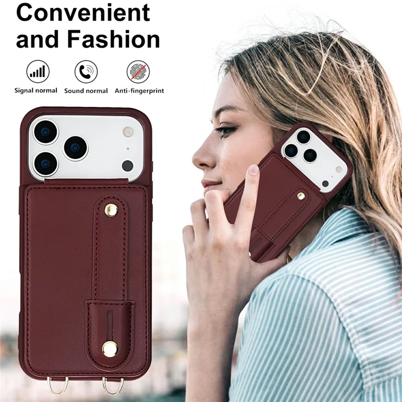 For iPhone 17 Pro Max Case Kickstand Card Slots Leather Coated TPU Cover with Shoulder Strap - Wine Red