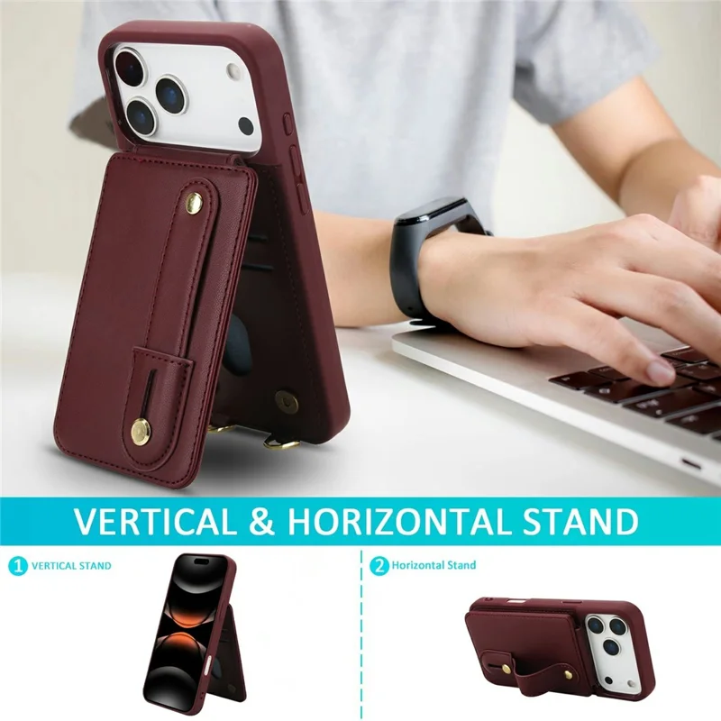 For iPhone 17 Pro Max Case Kickstand Card Slots Leather Coated TPU Cover with Shoulder Strap - Wine Red