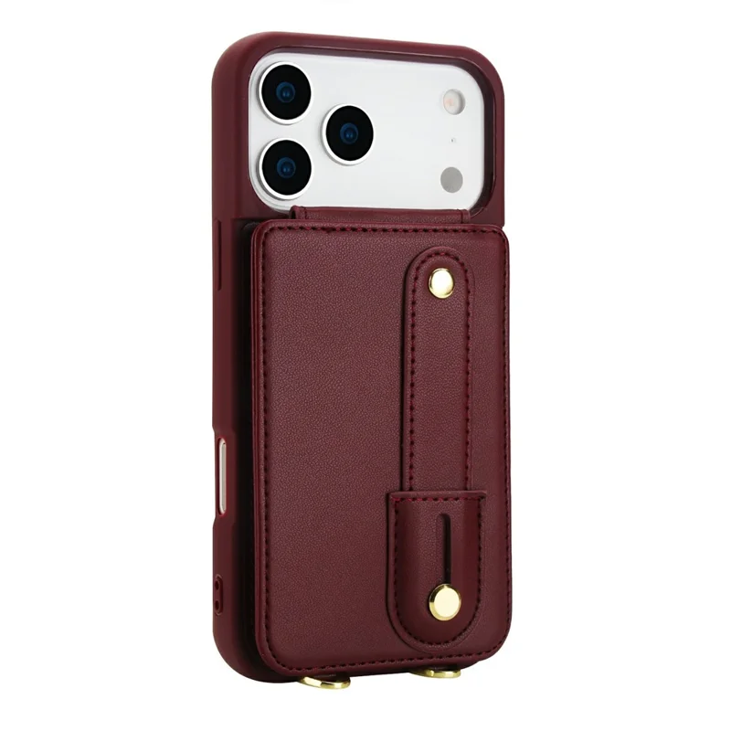 For iPhone 17 Pro Max Case Kickstand Card Slots Leather Coated TPU Cover with Shoulder Strap - Wine Red