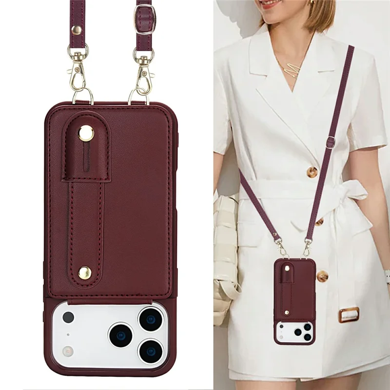 For iPhone 17 Pro Max Case Kickstand Card Slots Leather Coated TPU Cover with Shoulder Strap - Wine Red