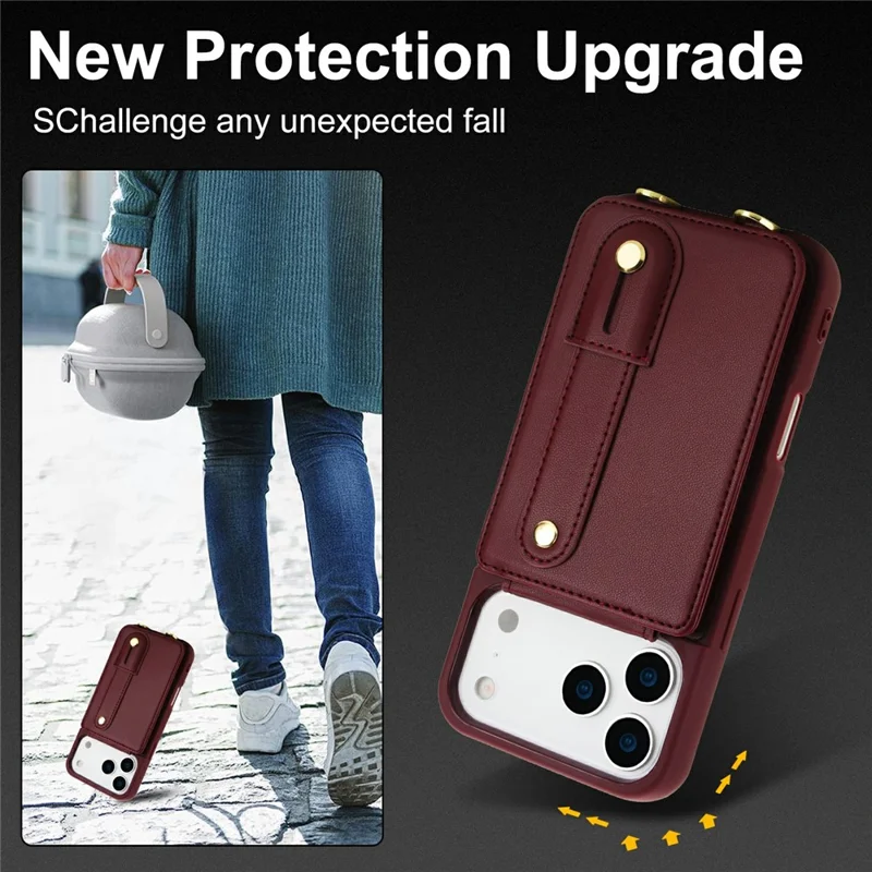 For iPhone 17 Pro Max Case Kickstand Card Slots Leather Coated TPU Cover with Shoulder Strap - Wine Red