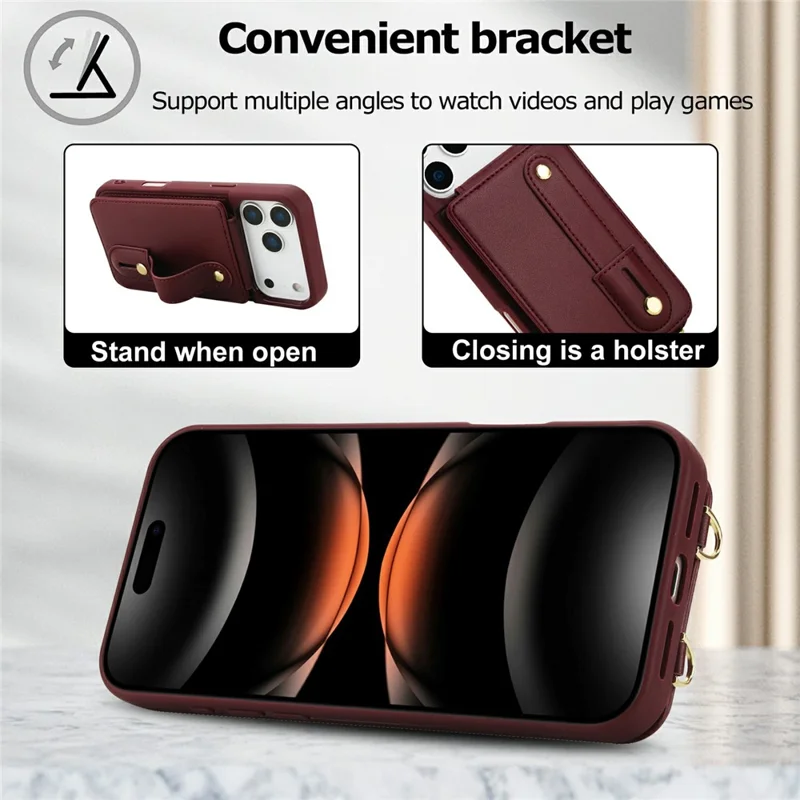 For iPhone 17 Pro Max Case Kickstand Card Slots Leather Coated TPU Cover with Shoulder Strap - Wine Red