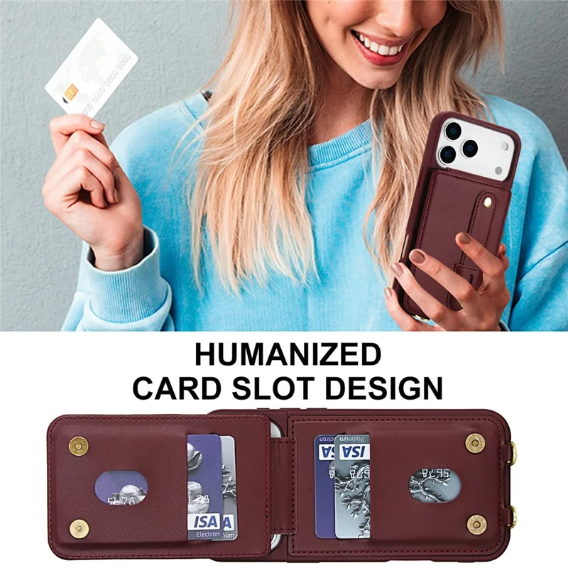 For iPhone 17 Pro Case Kickstand Card Slots Leather Coated TPU Cover with Shoulder Strap - Wine Red